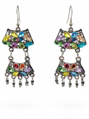 Colorful Rhinestone Chandelier Earrings Silver Tone Dangle Boho Statement